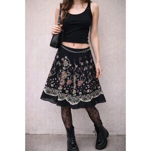 ESpirit Sz 6 Y2K Black Floral A-Line Skirt Boho Chic Hippie Flirty Feminine